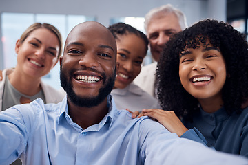 Image showing Happy, selfie and friends with business people in office for community, support and diversity. Smile, corporate and social media with picture of group of employee for teamwork, partnership or connect