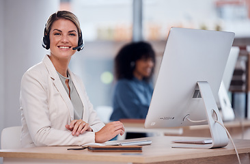 Image showing Woman, call center and portrait smile by computer for telemarketing, customer service or support at office desk. Happy friendly female consultant smiling for desktop help, sales advice or contact us