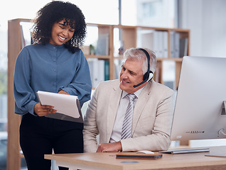 Image showing Black woman, manager and call center training with report notes on sales for telemarketing. Supervisor or coach with man at computer desk for customer support, crm or telecom faq information