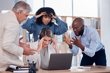 Image showing Stress, frustration and people at a call center with a problem in telemarketing, bad email and communication. Glitch, challenge and customer service employees with a crisis in technical support