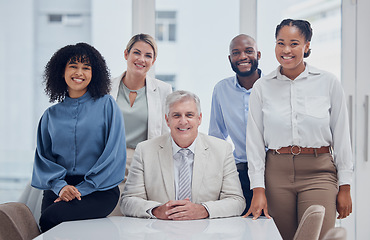 Image showing Happy, smile and portrait of business people in office for corporate, community and support. Management, teamwork and solidarity with group of employee in boardroom for confident, planning or meeting