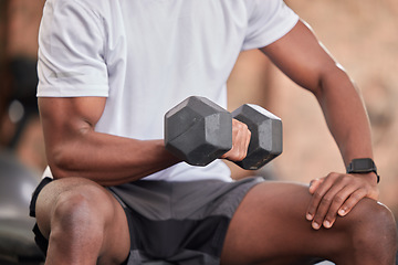 Image showing Black man arm, weights training and gym dumbbell of a athlete doing bodybuilder cardio. Healthy, wellness and sports workout for strong arms muscle in a exercise studio with power lifting and fitness