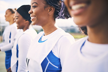 Image showing Sports, netball and team of women with smile ready for training, exercise and fitness workout on court. Diversity, teamwork and row of happy girl athletes with motivation for game, match and practice