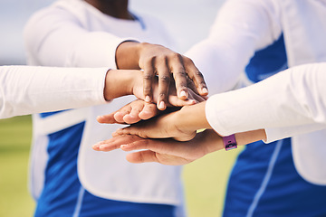 Image showing Sports, people and collaboration by team hands in support of motivation, partnership and huddle at a field. Sport, friends and hand of students connect for training, goal and match planning at court