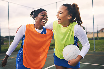 Image showing Sports, friends and netball players at court happy, laughing and bond while training outdoors. Funny, women and sport team members bonding with humor, joke or silly conversation during match practice