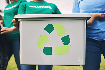 Image showing Recycle bin, earth day volunteer and community park cleaning outdoor for eco friendly and sustainability. Working, recycling and trash collection of young people doing green ecology and charity work