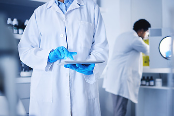 Image showing Scientist, hands and working on tablet in laboratory for planning, innovation and online research. Science, worker and digital medicine for development, data analysis and biotechnology investigation