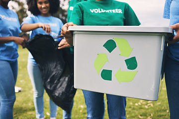 Image showing Recycle bin, volunteer service and community park cleaning outdoor for sustainability. Working, earth day recycling and trash collection of young people doing green ecology job and charity work