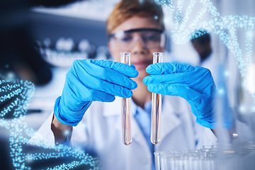 Image showing Genetics hologram, science test tube and black woman in laboratory for research, medical study and experiment. Healthcare, pharmaceutical and hands of scientist with liquid, medicine and dna strand