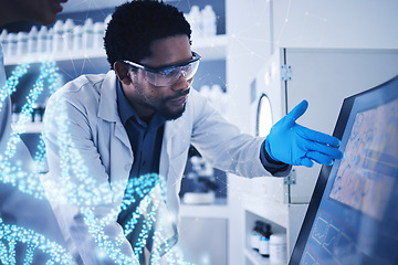 Image showing Teamwork, overlay or black man doctor on computer for dna research, medical innovation or bacteria analysis. Scientist, nurse or healthcare worker on tech reading anatomy study or genetics results