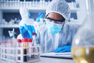 Image showing Serious, covid test tube or black man in lab with blood for research, medical exam and sample analysis. Healthcare, biotechnology or male scientist thinking with liquid vial, medicine and vaccine