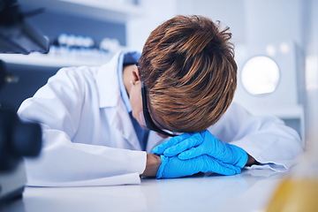 Image showing Depression or black woman scientist with stress for medical crisis, medicine research fail error in lab. Sad, tired or frustrated nurse for healthcare anxiety, work burnout or mental health