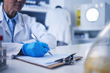 Image showing Woman scientist, documents and hands writing vaccine review, planning test and healthcare checklist. Science, paperwork report and laboratory research for investigation, results or chemistry analysis