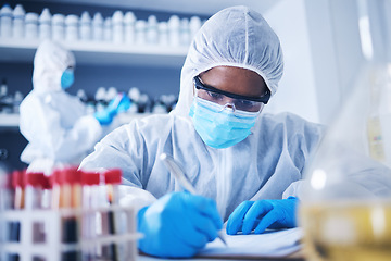 Image showing Serious, writing or doctor in lab with notebook for DNA research, medical exam and sample analysis. Healthcare, biotechnology or scientist for medicine checklist, covid results or vaccine report