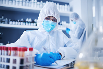 Image showing Science, writing or doctor in laboratory with notebook for research, medical exam or DNA sample analysis. Healthcare, biotechnology or scientist on medicine checklist, covid results or vaccine report