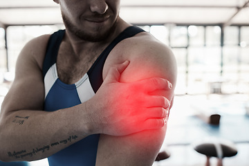 Image showing Shoulder pain, sport injury and man with fitness, muscle tension and hand, gymnast at gym and red overlay. Sports accident, medical emergency and person at gymnastics, competition and inflammation