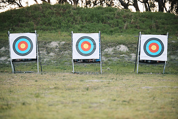 Image showing Bullseye target board, outdoor and field at shooting range for weapon training, aim and accuracy. Sports, archery and poster for gun, bow and arrow at academy for police, army or security in nature