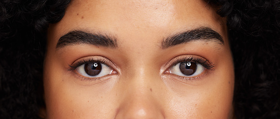 Image showing Eyes, eyebrow and beauty with face, microblading and black woman in closeup, makeup and lashes with vision. Dermatology, optometry and eye care with skincare, natural cosmetics and cosmetology