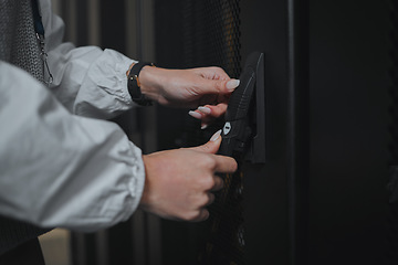 Image showing Entrance, hands and worker opening a server room for cyber security, programming and coding. Programmer, business and technician entering an office for hardware, database and cloud computing