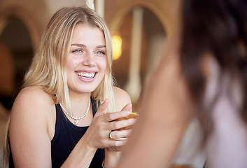 Image showing Woman, smile and talking with friends in cafe, laughing or having fun together in shop. Restaurant, tea and happy girls or women chatting, funny conversation or comic discussion while drinking coffee