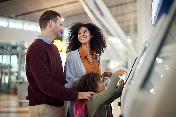 Image showing Self service, travel and interracial with family in airport for check in, vacation and global. Technology, digital and smile with parents and child for holiday, flight and ticket information