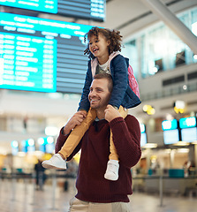 Image showing Father, travel and piggyback girl at airport, laughing at comic joke and having fun together. Immigration flight, adoption care and happy man carrying foster kid or child at airline, bonding or smile