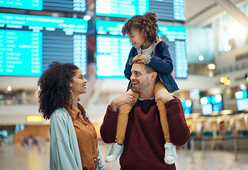 Image showing Family, airport and travel with a girl child sitting on the shoulders of her father in a terminal for a holiday flight. Immigration, kids or diversity with a mother, dad and daughter traveling aborad