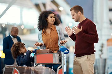 Image showing Conflict, travel and interracial family with a problem at airport, flight delay and trouble. Fight, conversation and black woman and man speaking about missing document or late check in with a child