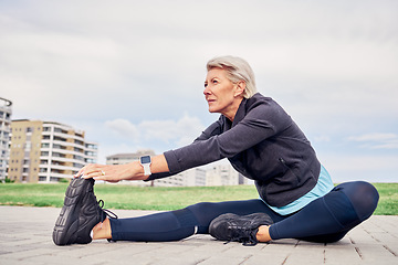 Image showing Woman, stretching exercise and sports on sky mockup, park ground and training motivation in Miami. Senior female warm up legs outdoor for workout, fitness and thinking of healthy mindset, body or run