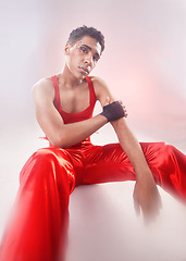 Image showing Fashion, retro and portrait of lgbt man or model with style posing as a fashionable and trendy person blurred studio background. Isolated, stylish and cool gen z clothes in vintage aesthetic outfit