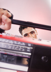 Image showing Boombox, portrait and young man isolated on gradient background music, gen z aesthetic and streetwear. Dancer, hip hop and lgbtq, queer or gay model or youth person listening to retro, vintage radio