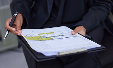 Image showing Closeup, woman and clipboard with document, information and survey for data analytics. Zoom, female employee and leader with paperwork, pen and compliance for review, report and personal details