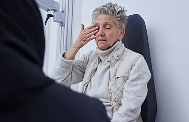 Image showing Senior woman, ophthalmology and eye pain with hand in clinic consultation for vision, wellness or health. Elderly patient, explain problem and talk with doctor for eyes, headache or medical solution