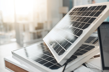 Image showing Solar panel, office and design on desk for renewable energy, electricity tech or engineering innovation. Photovoltaic, eco friendly or sustainability for construction, goal or electric infrastructure