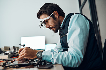 Image showing IT man, technician or magnifying glasses in motherboard fix, engineering workshop or database update. Worker, CPU or circuit board in repair, maintenance or software upgrade in information technology