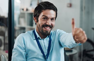 Image showing Man, it or programmer thumbs up for computer fix success, engineering service vote or workshop goals. Smile, happy or CPU technician with thumb, yes or target achievement in information technology