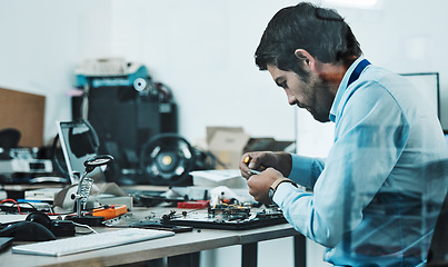 Image showing Information technology, motherboard hardware circuit and man repair computer, electronics or semiconductor. CPU system maintenance, service industry profile and IT worker fixing microchip in tech lab