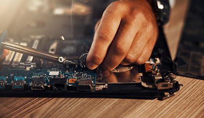 Image showing Information technology hands, circuit soldering and man repair motherboard hardware, electronics or semiconductor. CPU system maintenance, service industry and IT worker fixing microchip in tech lab