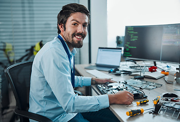 Image showing Information technology portrait, motherboard circuit and man repair computer hardware, electronics or semiconductor. CPU system maintenance, service industry or IT worker fixing microchip in tech lab