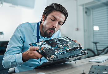 Image showing Information technology, laptop circuit repair and man blow hardware dust, electronics or semiconductor. CPU system maintenance, service industry and IT worker fixing motherboard microchip in tech lab