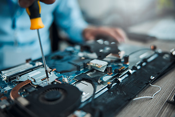 Image showing Screwdriver, motherboard circuit or Information technology man fixing laptop hardware, electronics or semiconductor. CPU system maintenance, service industry or IT worker repair microchip in tech lab