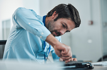 Image showing Laptop, service and screwdriver with an engineer or handyman fixing hardware in an IT office. Computer, information technology and maintenance with a male repair professional at work on electronics