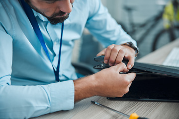 Image showing Computer repair, programming and startup man technician working on cpu, circuit and microchip. IT maintenance, technology hardware and electrician engineer fix code, motherboard and processor