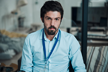 Image showing Technician, programmer and portrait of a man in a office for engineering service, maintenance or repairs. Information technology, professional and serious male IT engineer working in a workshop.