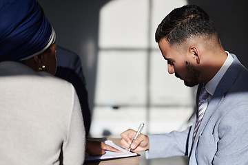 Image showing Interview, man and signing contract, job interview and recruitment in workplace, sunlight and conversation. Business, male employee and recruiter in office, contract and documents for employment