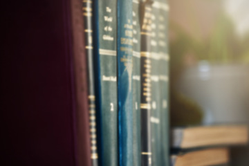 Image showing Education, learning and books on a shelf for knowledge, law and college studying. Library, scholarship and a bookshelf at a school or university with a vintage catalog of books for academic research