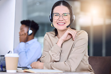 Image showing Customer support, call center and portrait of woman with smile for consulting, telemarketing and crm service. Communication, contact us and face of female worker for client, goals and happy in office