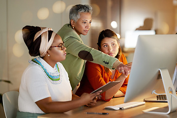 Image showing Teamwork, manager support or business women on computer at night for research, communication or creative strategy. Startup, diversity or collaboration on tech for networking, reading website or news