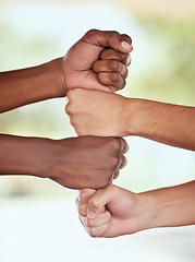 Image showing Closeup, hands and fist for collaboration, stack and community with partnership for goal, support and solidarity. Zoom, hand and people with team building, success and motivation for growth or target