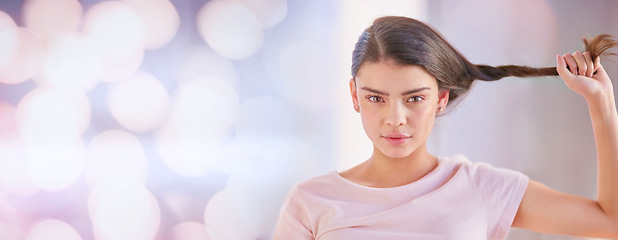 Image showing Face portrait, beauty and hair care of woman in studio isolated on bokeh background. Hairstyle, makeup cosmetics or serious female model with salon treatment for texture, balayage or haircare growth.